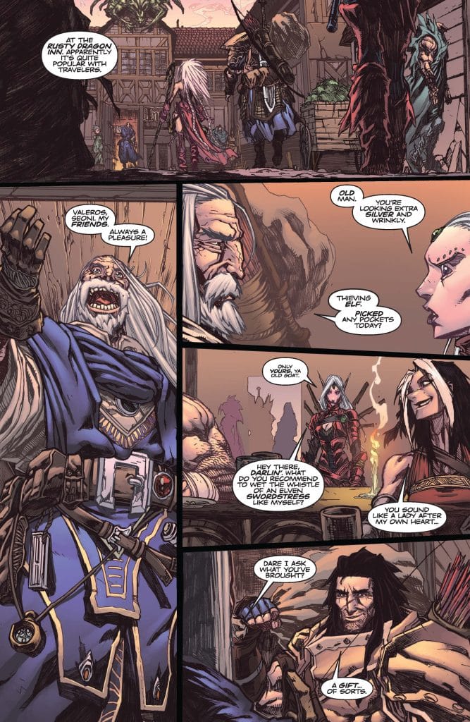 A fantasy comic panel depicting characters in a tavern setting, including a grizzled warrior, an elderly man, and an elf. The characters are engaged in conversation, showcasing a mix of humor and camaraderie as they discuss a recent theft. The tavern is filled with details like a bar and various patrons in the background.