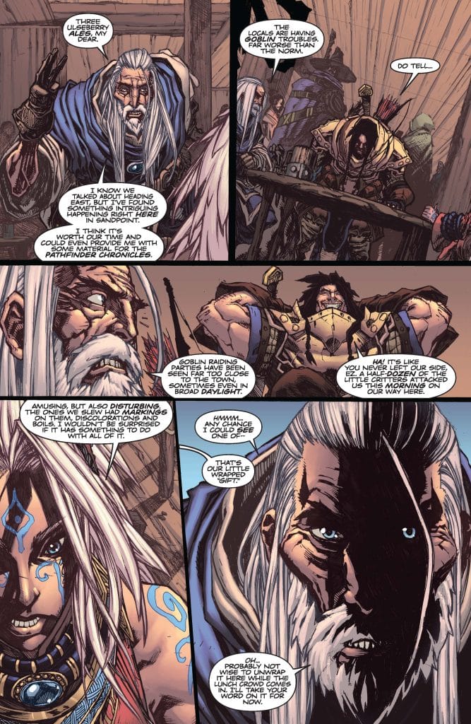 A group of fantasy characters in a tavern discussing goblin troubles. One character, an older man with a long beard, gestures while another character, a woman with blue markings, listens. The atmosphere is tense as they share concerns about recent events.
