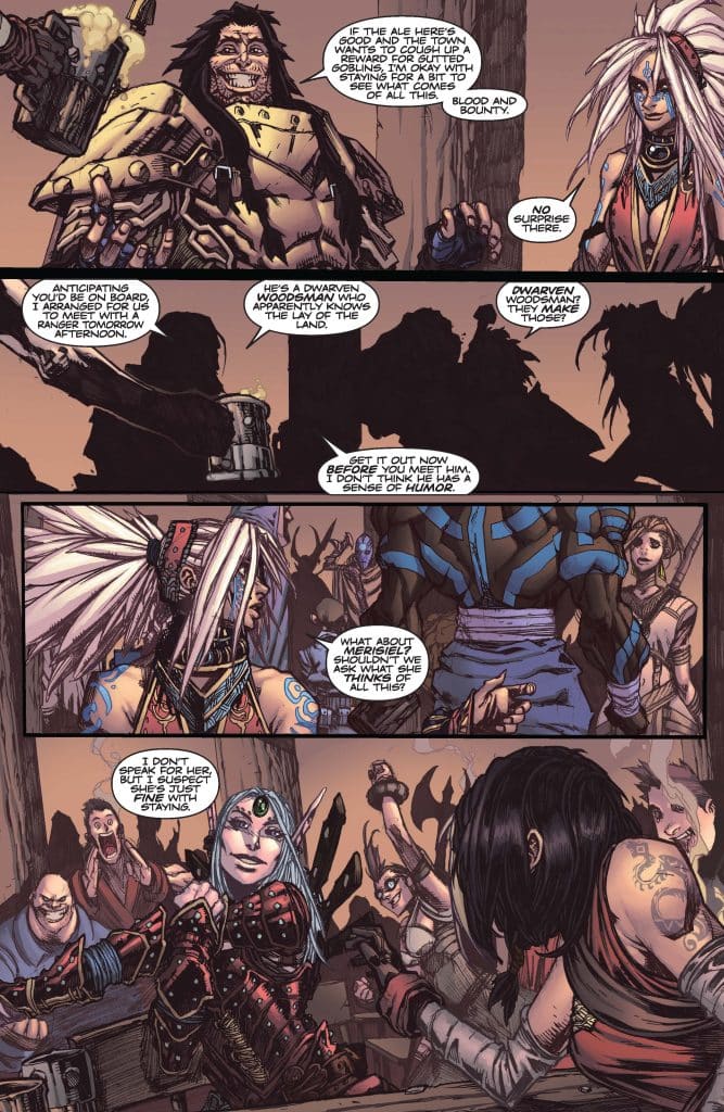 A group of fantasy characters engaged in conversation at a tavern, discussing plans and a potential meeting with a dwarf woodman, while displaying various expressions ranging from amusement to skepticism.