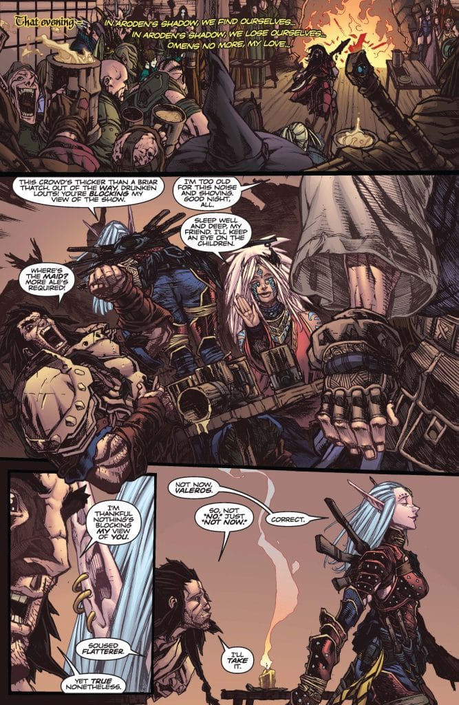 A comic book page depicting a group of diverse fantasy characters in a lively tavern setting. The scene includes characters engaged in conversation and revelry, with a warm fireplace illuminating the background.