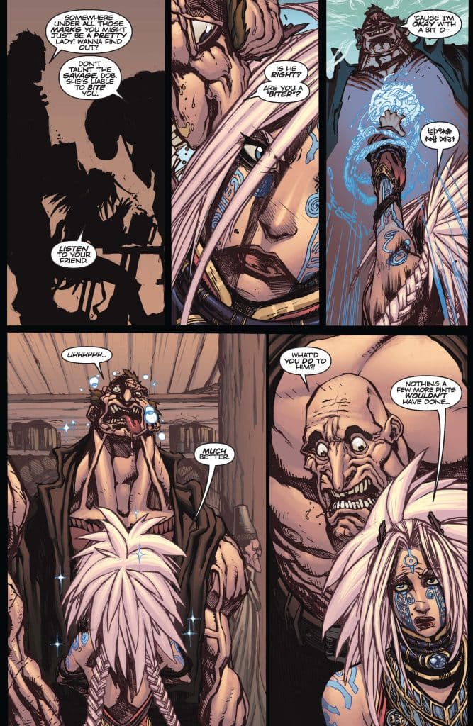 A comic panel showing a tense interaction between three characters. One has long pink hair with blue tattoos, another is a large, intimidating figure, and the third appears anxious, conveying emotions of fear and uncertainty.