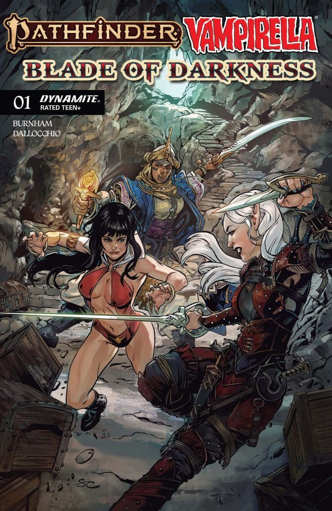 Cover of the comic 'Pathfinder: Vampirella - Blade of Darkness' featuring dynamic characters in a cave setting, preparing for battle.