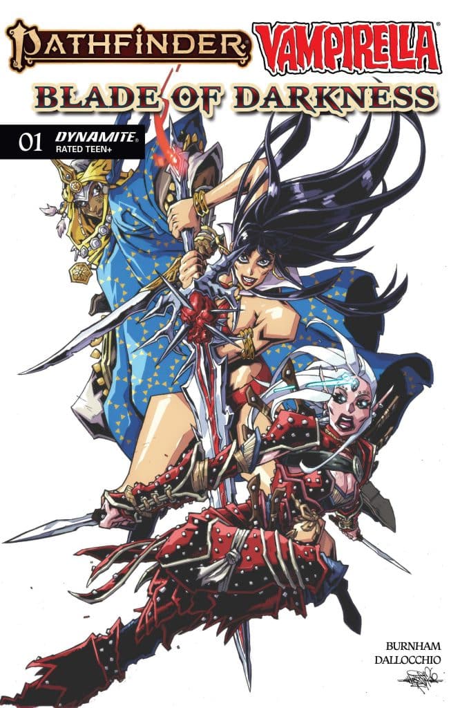 Comic book cover featuring characters from Pathfinder and Vampirella, titled 'Blade of Darkness'. The image showcases a dynamic action scene with three characters wielding swords, dressed in fantasy-themed outfits. The cover includes the title and publication information.