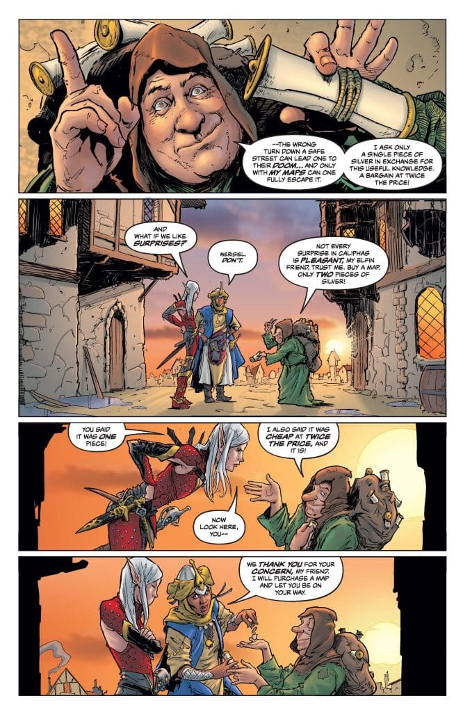 A whimsical comic panel depicting a dialogue between a roguish character and two adventurers in a fantasy setting, negotiating for a map. The characters display various emotions and attire, with colorful details in a lively street scene at sunset.