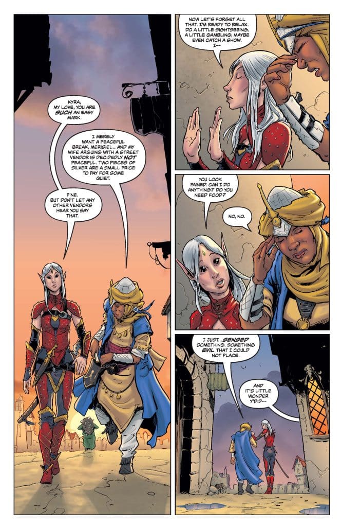 A comic book page featuring two characters in a fantasy setting. One character, dressed in red and blue armor, is walking with another character wearing a cloak and a turban. They engage in conversation, expressing concern and discussing a sense of unease. The background depicts an ancient city with stone buildings and a sunset.