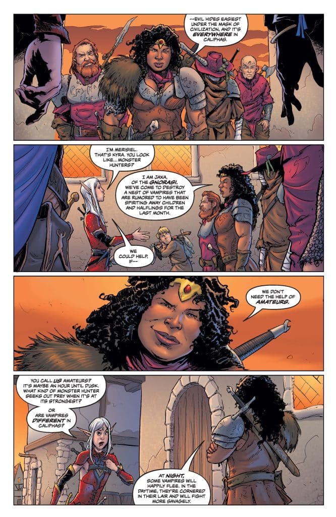 A comic book panel featuring a diverse group of fantasy characters engaged in a dialogue about hunting vampires. One character, Merisiel, introduces herself with a confident expression, while another, Jaxa, discusses the nature of vampires. The scene includes various adventurers and a backdrop of a medieval village.