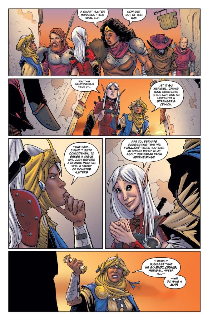 A group of diverse fantasy characters engaged in a conversation, with one character in a blue outfit, another with white hair, and one in armor. The setting appears to be a rugged landscape with a warm color palette.