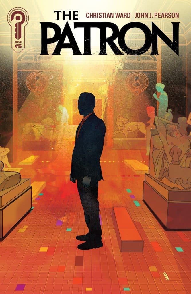 Cover art for 'The Patron' comic issue #5, featuring a silhouetted figure in a suit standing amidst colorful museum exhibits and sculptures.