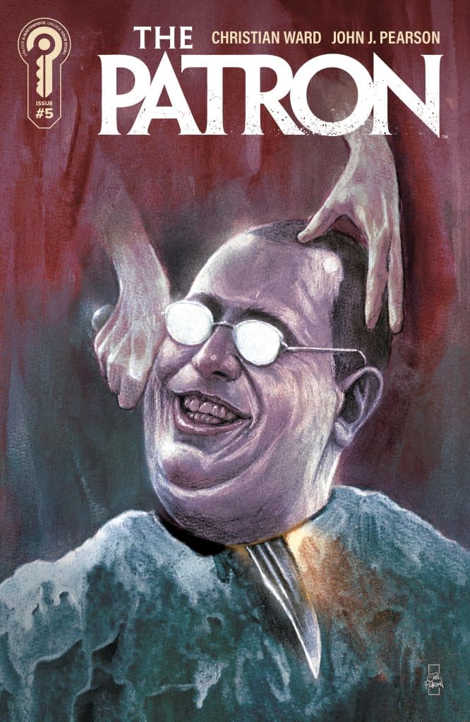 Cover artwork for 'The Patron' comic issue #5, featuring a smiling man in glasses seated in a barber chair, with a hand reaching towards him from above.