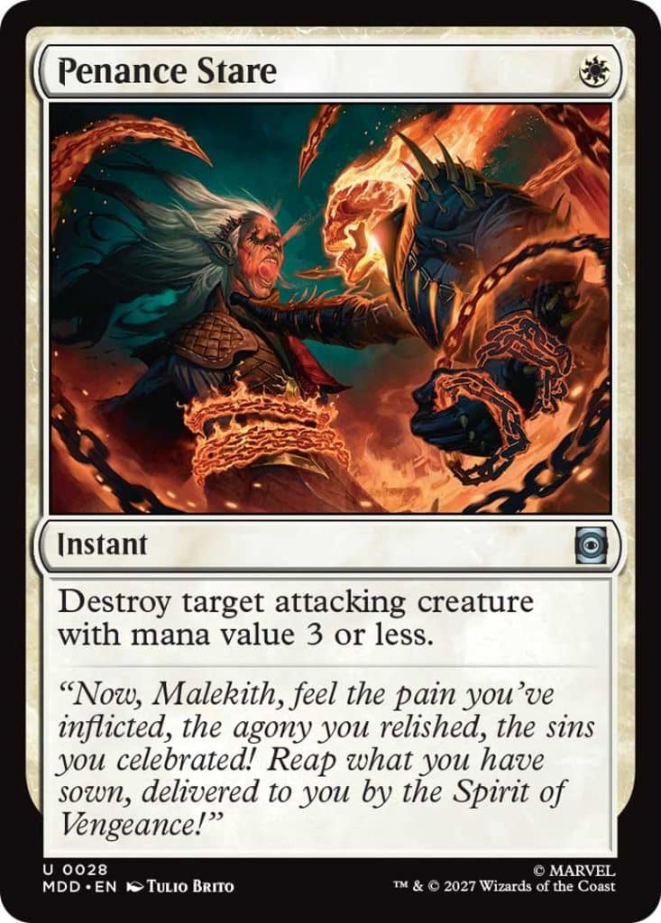 A fantasy card titled 'Penance Stare' featuring a dramatic scene where a character unleashes energy against an opponent. The card includes text describing its game effect and a quote about retribution.