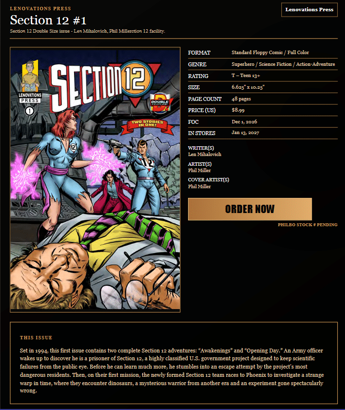 Cover of Section 12 #1 comic book featuring superheroes in action, with vibrant colors and dynamic poses. The title 'Section 12' is prominently displayed, and the comic includes elements of science fiction and adventure.