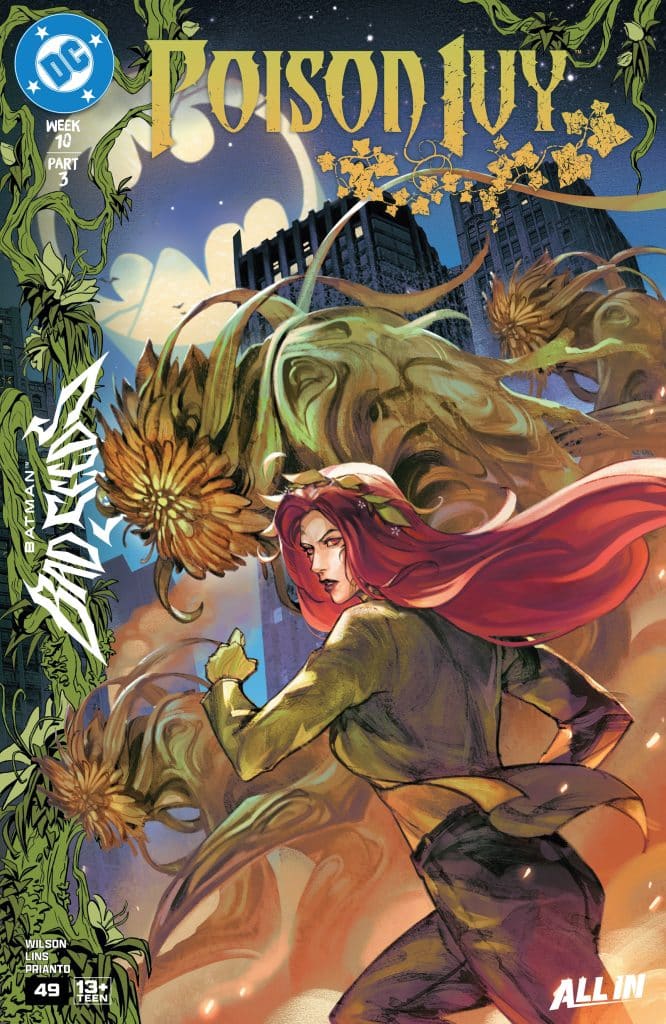 Comic book cover featuring Poison Ivy in a dynamic pose, surrounded by plant elements and a large, menacing plant creature against a city backdrop.