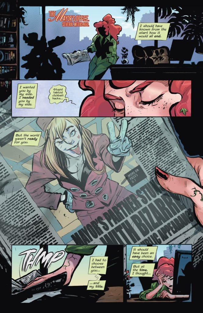 Comic panel depicting a conversation in the mayor's office, featuring two female characters, one with red hair looking distressed and another with blonde hair holding a newspaper with a headline about a bizarre event involving the mayor. The scene conveys a sense of tension and decision-making.