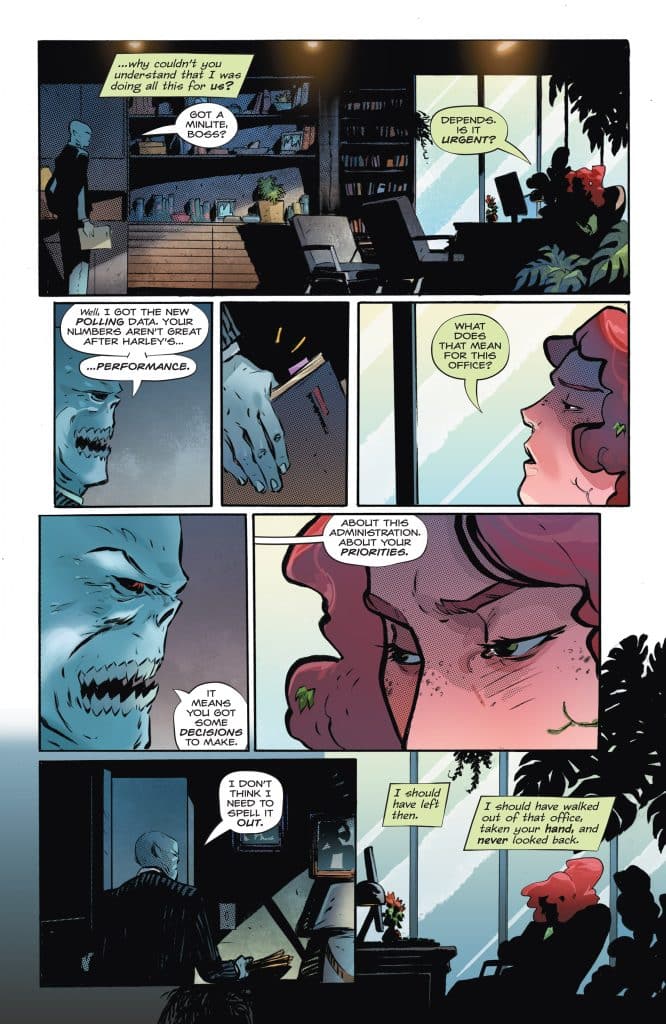 A comic panel showing two characters in an office setting. One character, with a blue face and a serious expression, holds a piece of paper while another character, with pink hair, appears frustrated. The office has shelves filled with books and a view of plants outside.
