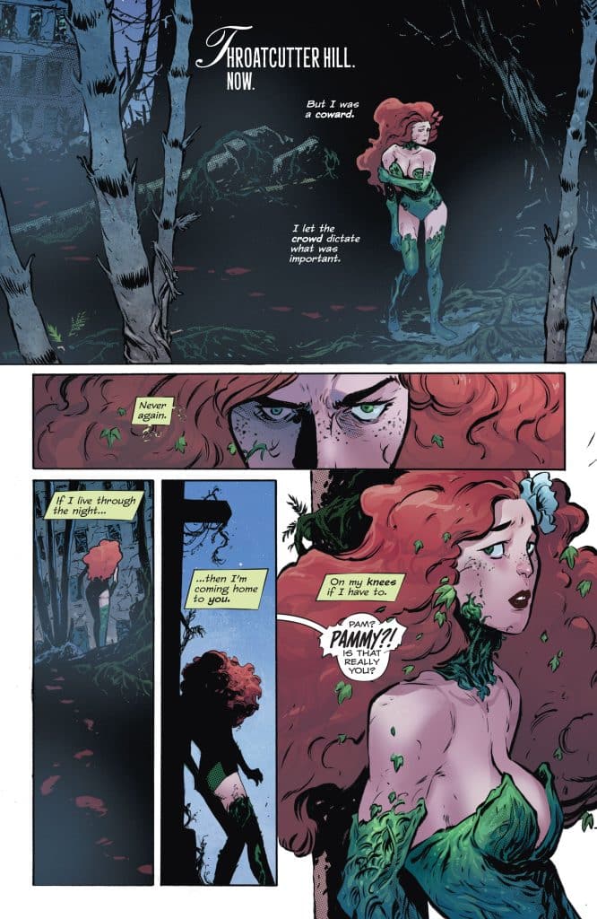 A comic book panel featuring a character with long red hair and a green outfit standing in a dark, forested area called Throatcutter Hill. The character appears contemplative and is surrounded by trees and shadows, with dialogue expressing feelings of cowardice and longing.