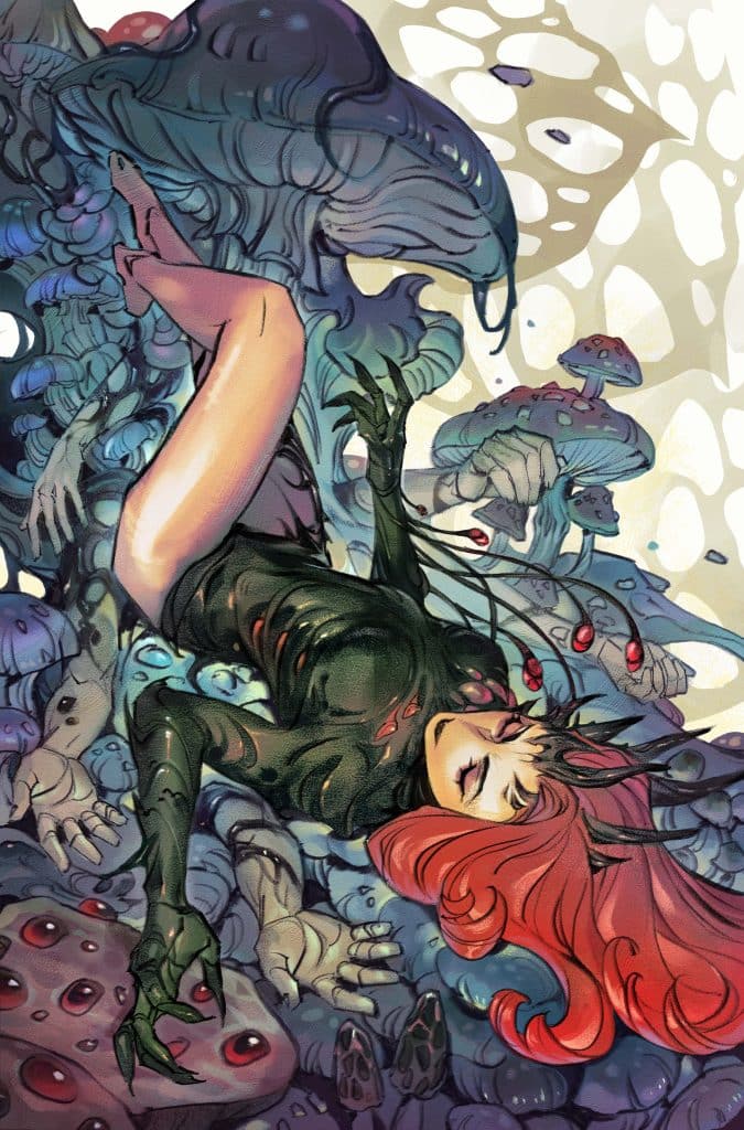 A fantastical illustration of a woman with long red hair, dressed in a black outfit adorned with plant-like features, lying among colorful mushrooms and abstract organic shapes. The scene conveys a surreal and mystical atmosphere.