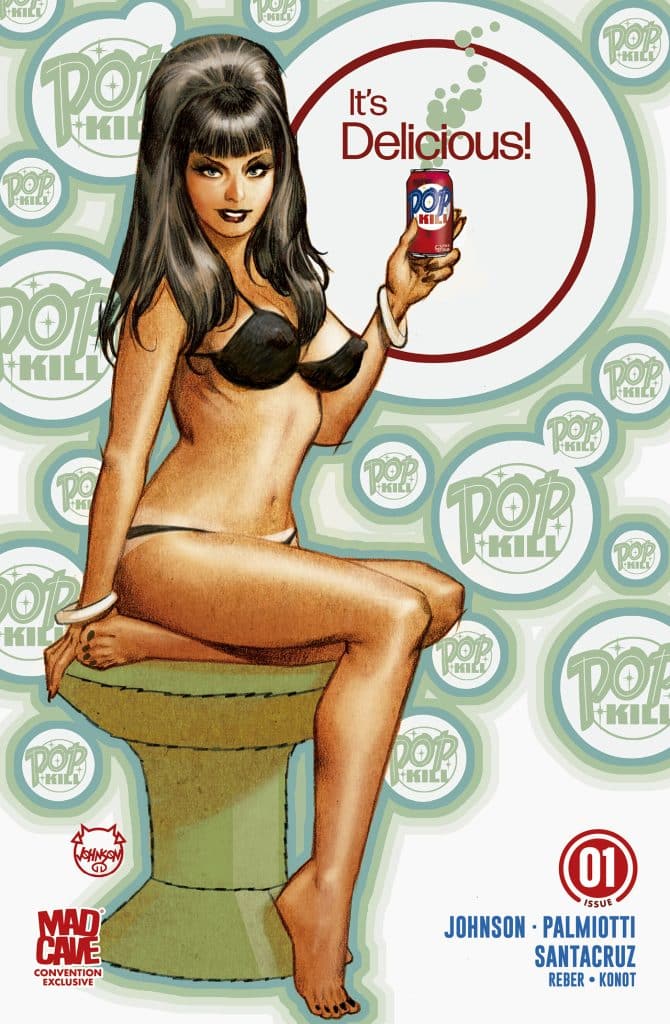 An illustrated woman in a black bikini sitting on a toilet, holding a can of soda, with the text "It's Delicious!" and various circular logos in the background.