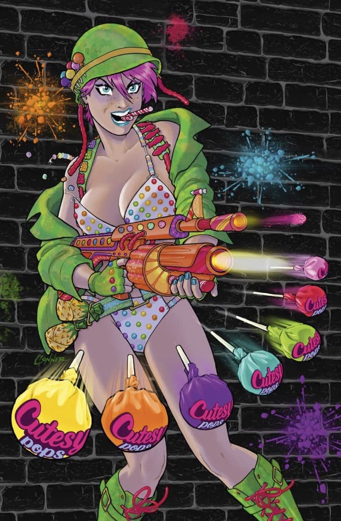 An illustrated character with pink hair, wearing a green hat and colorful clothing, holding a toy gun that shoots candy-colored lollipops against a graffiti-style black brick wall background.