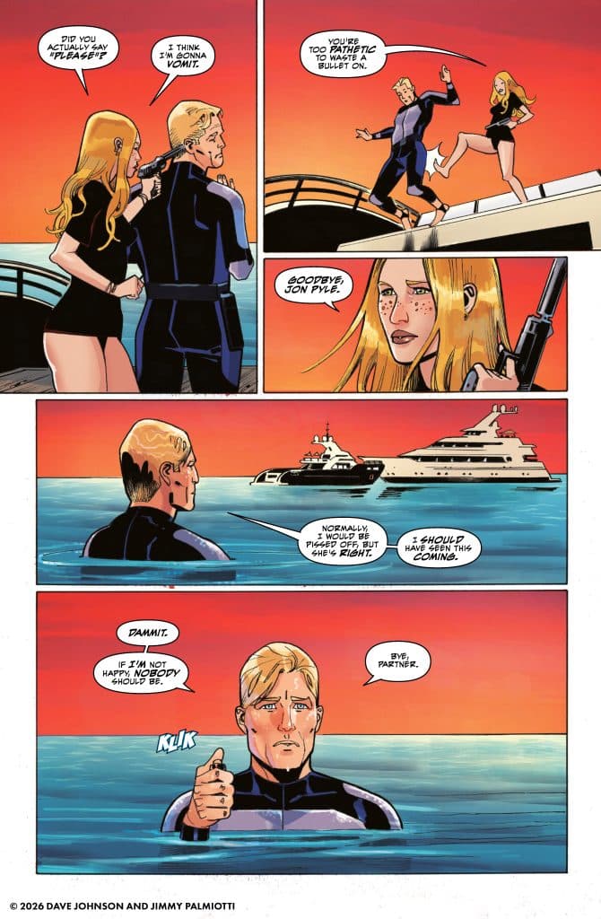 A comic panel showing a tense conversation between a blonde woman and a man in a wetsuit. The woman holds a gun while expressing frustration, and the man appears contemplative, standing by the edge of a boat. The scene is set against a sunset backdrop over the water.