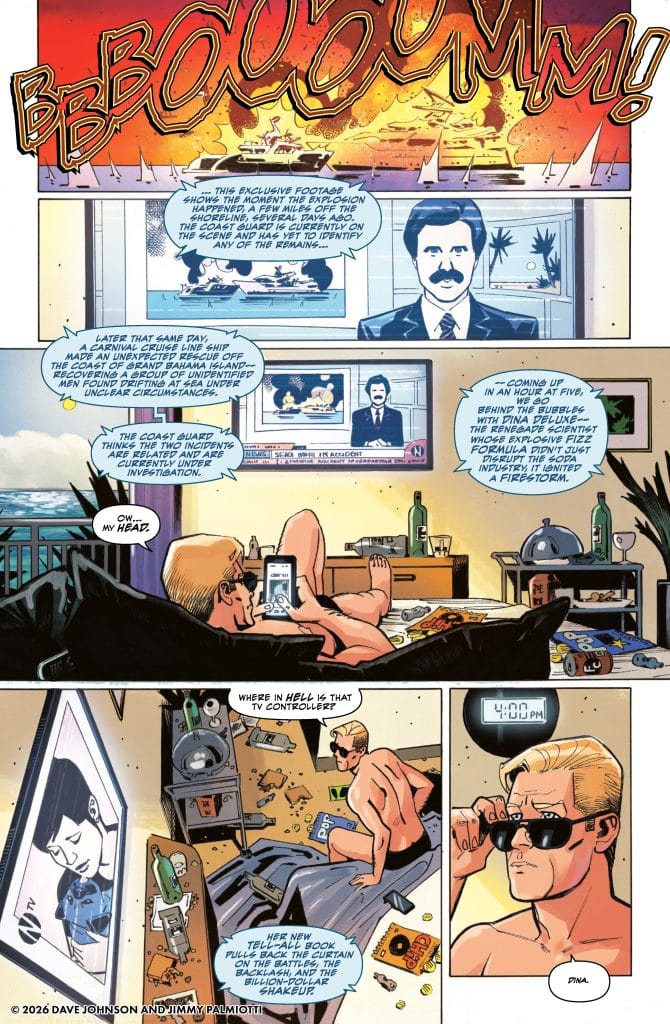 A comic panel depicting a chaotic room with a man lounging on a couch, holding a tablet. The walls feature a news broadcast about an explosion, and various items are scattered across the floor.