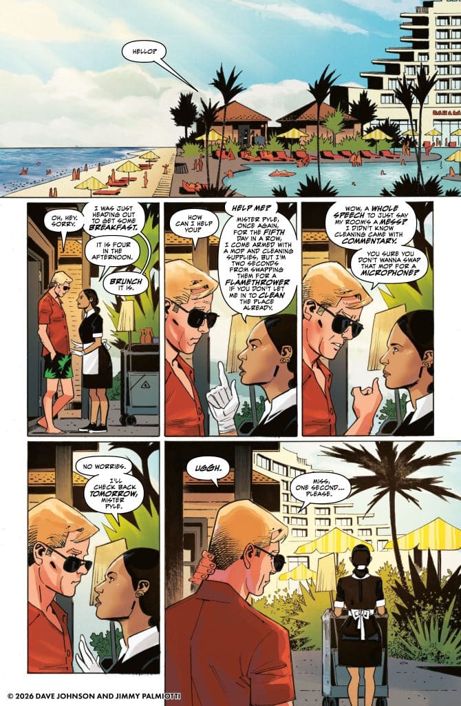 A comic panel depicting a conversation between a man in sunglasses and a hotel employee at a tropical resort. The backdrop features a beach with sun loungers, palm trees, and a hotel building.