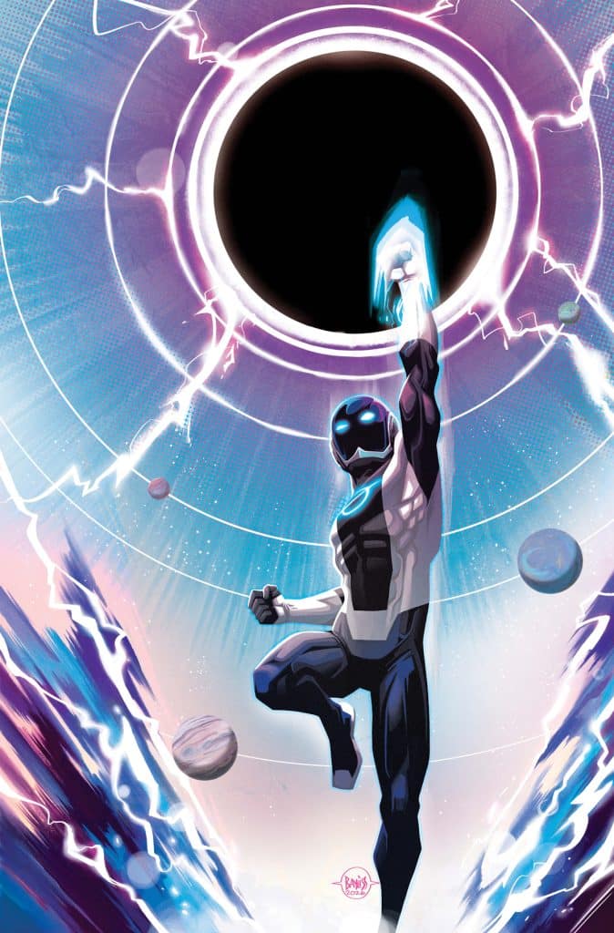 A superhero in a futuristic suit with a glowing emblem raises one arm triumphantly in front of a cosmic backdrop featuring swirling colors and planets, with a dark void at the center.