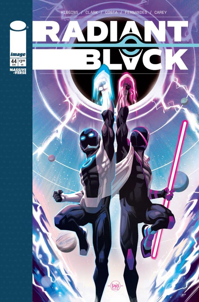 Comic cover of Radiant Black issue 44 featuring two superheroes in dynamic poses, one with a blue energy power and the other with a pink lightsaber, set against a cosmic background.