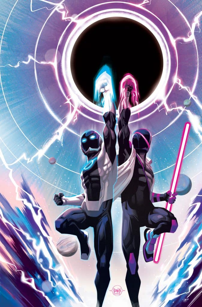 Two futuristic heroes standing confidently with raised arms, showcasing glowing blue and pink energy in their hands, set against a vibrant cosmic background with a black circular void and swirling energy.
