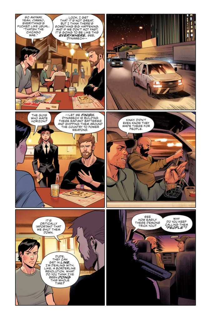 Comic book panel featuring a conversation among five characters in a restaurant and a vehicle, discussing a serious situation involving a company called Dynamitech and the implications of their actions.