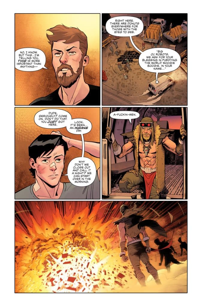 Comic panel featuring two characters having a conversation, one with a serious expression and the other looking uncertain. The background shows a cluttered setting with donuts and an explosion occurring in the last panel.