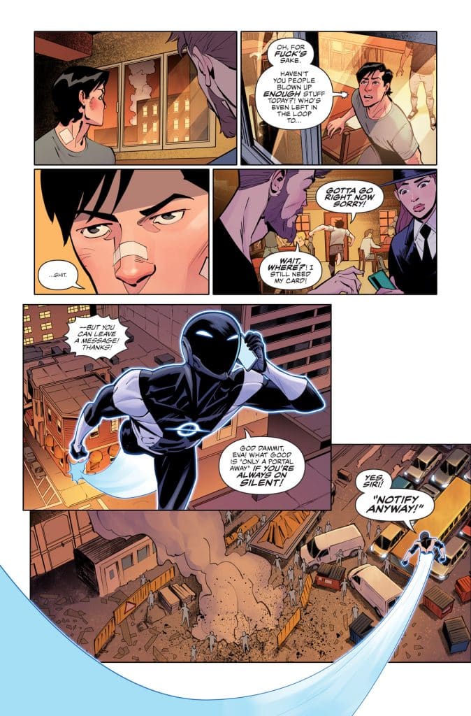 Comic panel depicting a tense conversation between several characters, with one character showing frustration and urgency. A superhero in a black suit is seen flying away, while another character uses a device to communicate.