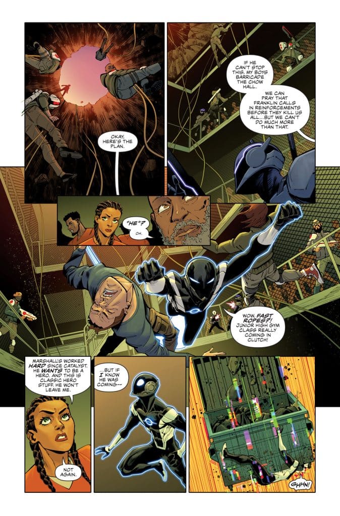 A comic book page showcasing a tense scene with characters discussing a plan. One character appears to be preparing to leap into action, while others are engaged in serious conversation in a dramatic setting with a large opening above them.