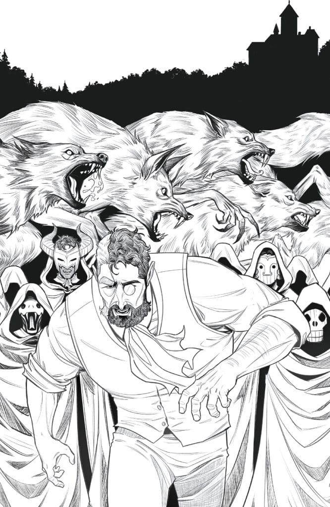 A frightened man in a collared shirt is running from a pack of snarling wolves, with cloaked figures in the background, set against a dark forest and silhouette of a castle in the distance.