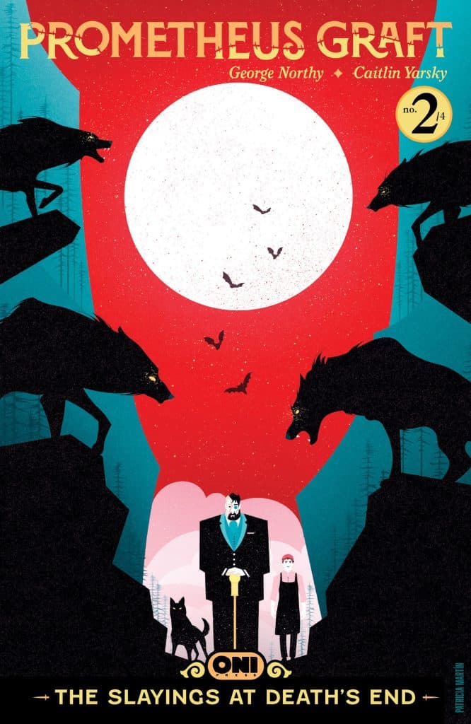 Cover of the comic book 'Prometheus Graft' featuring a red background, a large white moon, silhouettes of wolves, and two characters in the foreground.