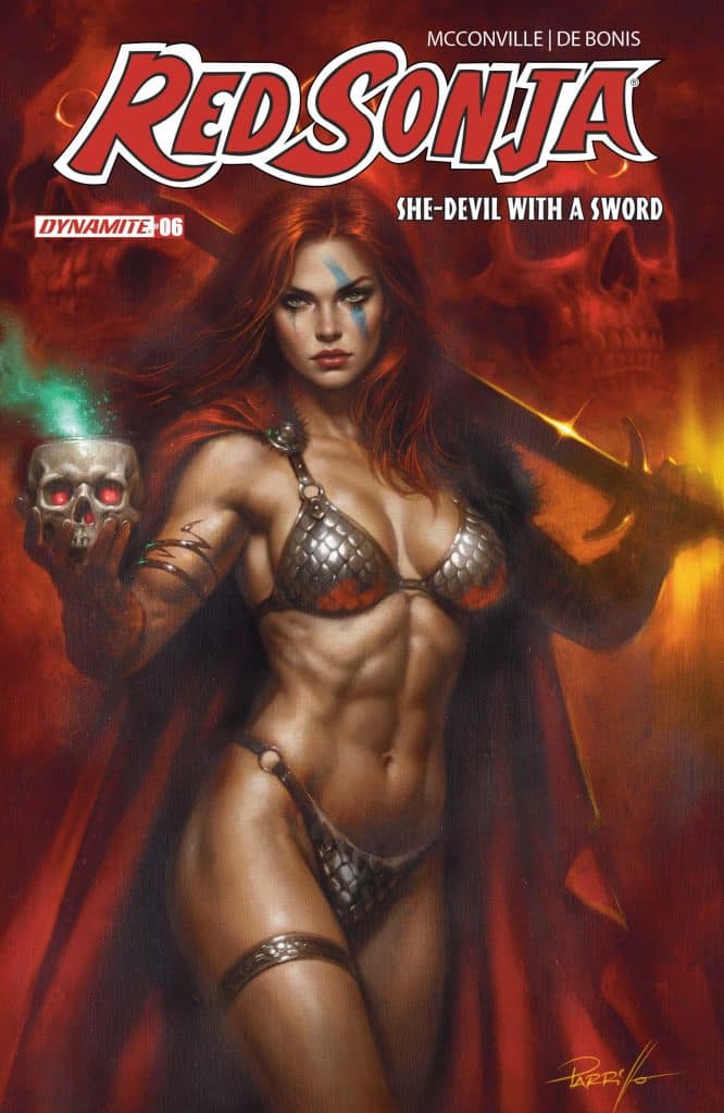 A dynamic comic book cover featuring Red Sonja, a muscular female warrior with long red hair, wearing armor and holding a skull. She has blue face paint, exuding strength and confidence against a dark background with hints of flames and skulls.