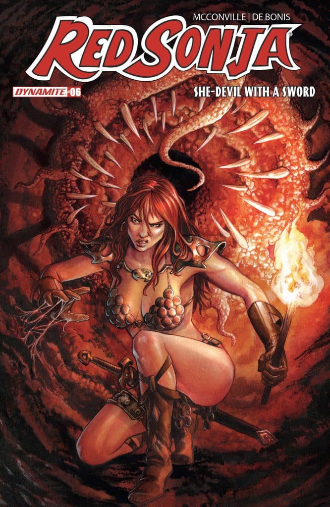 Cover art for Red Sonja comic, featuring a female warrior with red hair, wearing armor and wielding a sword and a torch against a dark, tentacled background.