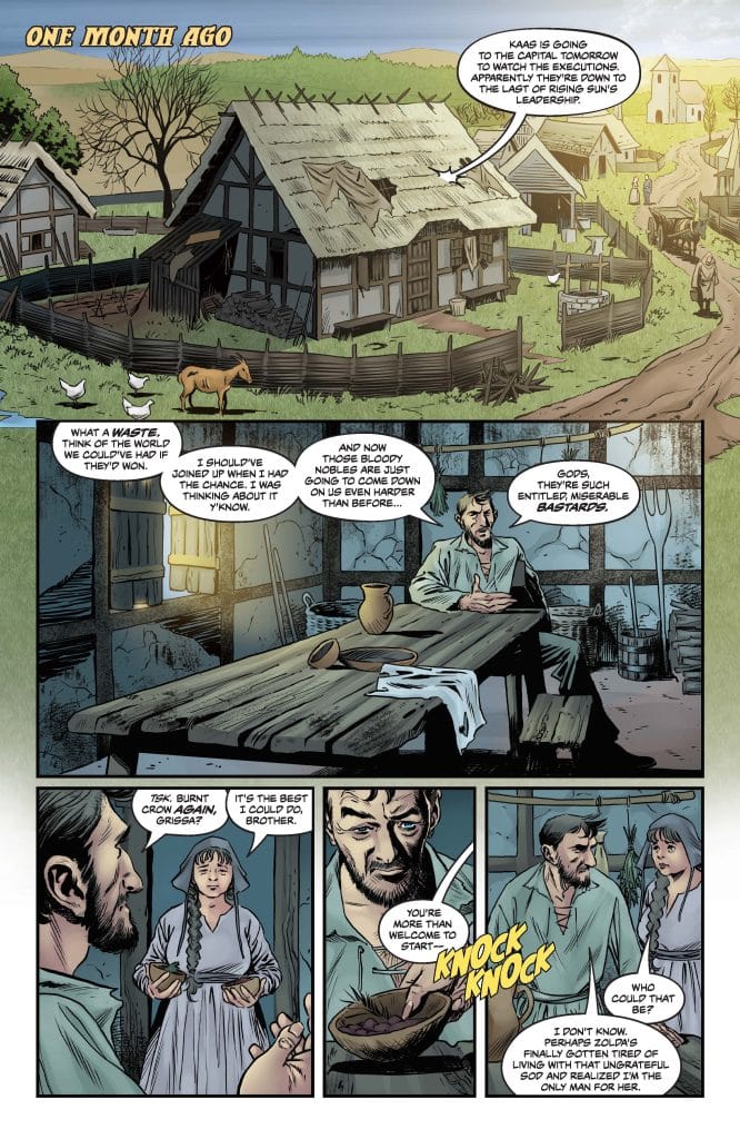 A comic panel set in a rural scene with two main characters conversing at a wooden table in a modest interior. One character appears distressed while the other tries to comfort him. The background features a farmhouse and farmland.