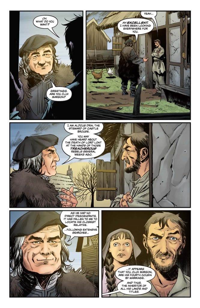 A comic book panel depicting a conversation between a middle-aged man with long hair and a hat, and another man dressed in a fur coat. The setting includes a village with a thatched-roof house and some chickens. The dialogue discusses lineage and inheritance.