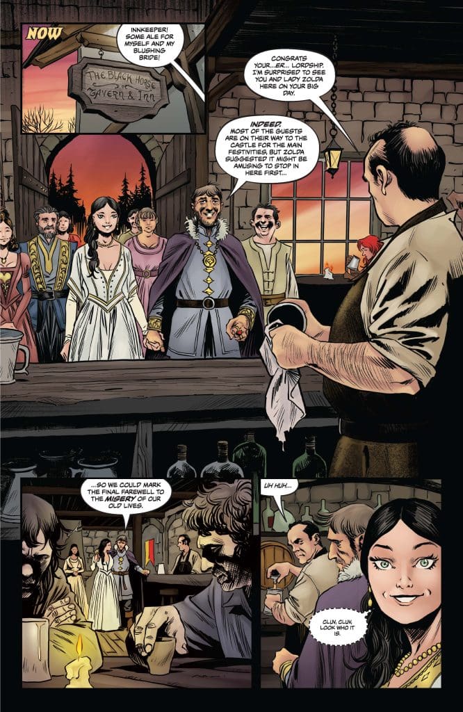 A lively tavern scene with a diverse group of people celebrating a wedding; the central couple is holding hands, surrounded by guests. The innkeeper stands behind the bar, and there are decorative elements in the room, including bottles and candles.