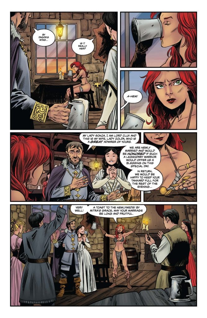 A comic book page depicting a medieval tavern scene with various characters, including a woman in revealing attire, a nobleman speaking to a group, and a toast being raised to celebrate a marriage.