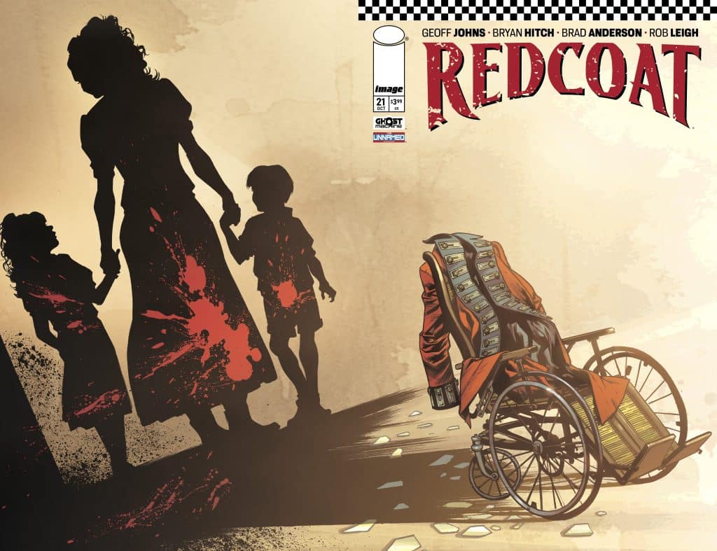 Comic book cover featuring a shadowy figure of a woman holding hands with two children, with splashes of red indicating a dramatic scene. A headless figure in a red coat sits in a wheelchair in the foreground.