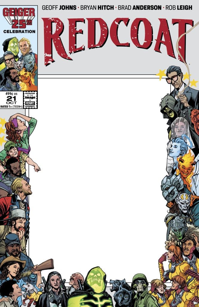 Comic book cover for 'Redcoat' featuring colorful illustrations of various characters along the edges, with a blank center for title or text.