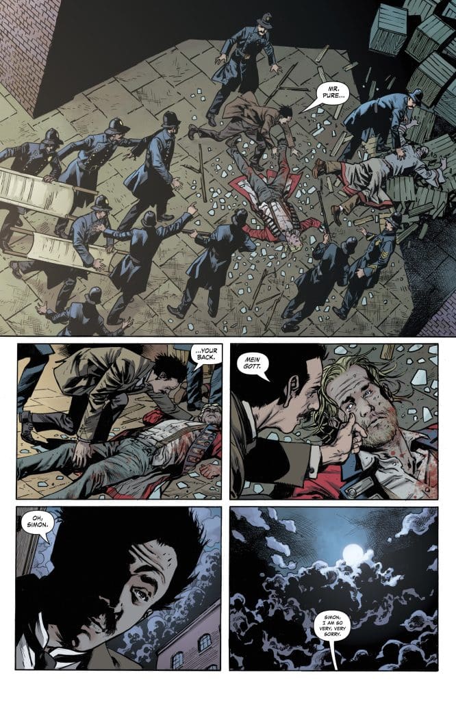 A dramatic comic book scene depicting a group of police officers surrounding a man lying on the ground, covered in injuries. Another man is leaning over him, expressing anguish. The background shows broken glass and crates, adding to the tension of the moment. The sky is cloudy with a full moon visible.