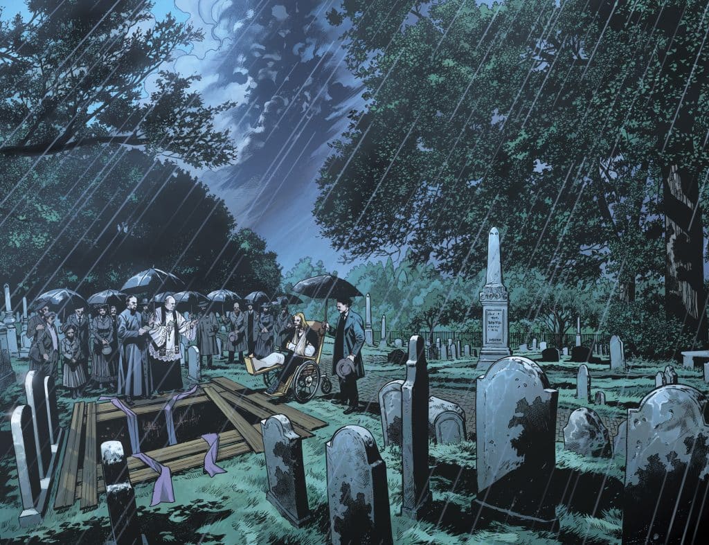 A dark, rainy cemetery scene depicting a funeral attended by mourners holding umbrellas, with a woman in a wheelchair and an open grave surrounded by gravestones.