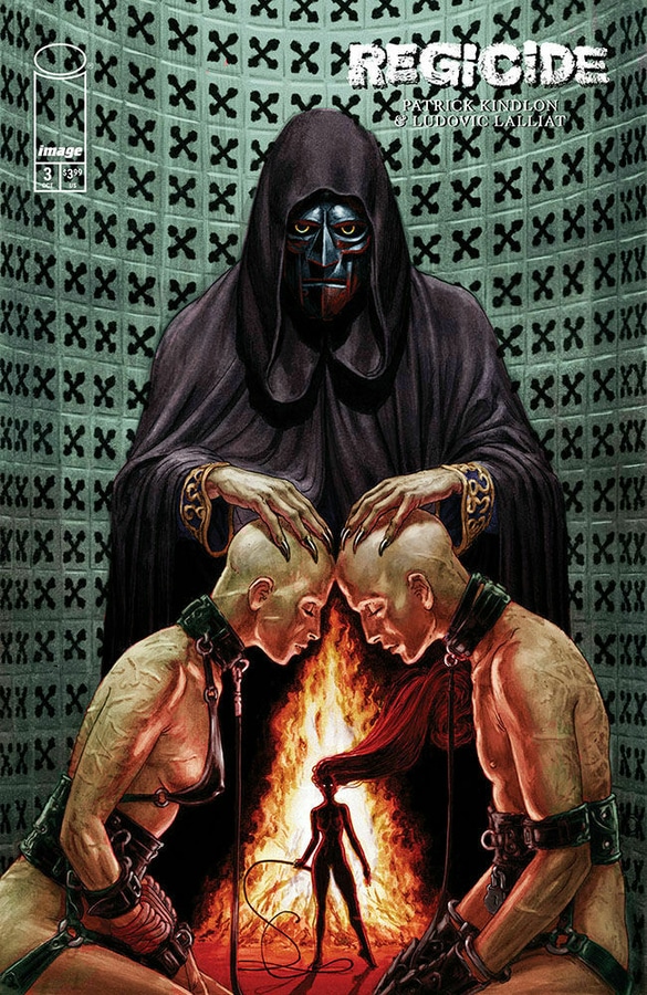 A dark and striking comic book cover depicting a cloaked figure with a mask seated behind two bald, posed figures, near a fire; the background features a patterned wall.