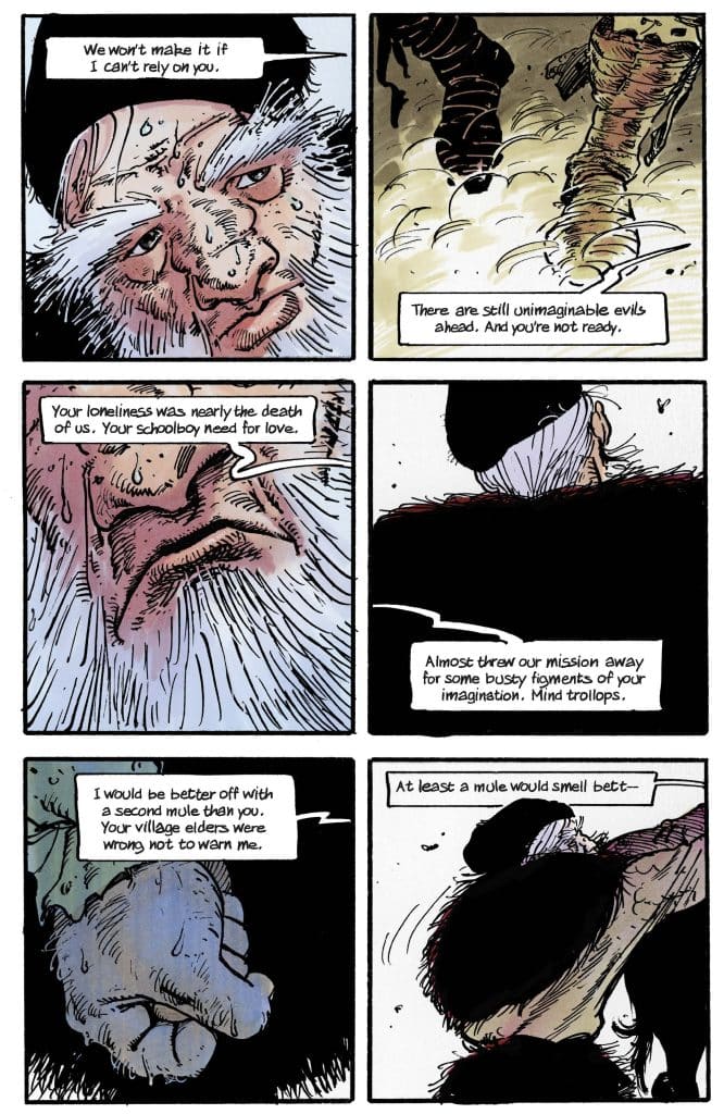 A comic panel featuring two characters engaged in a serious conversation, expressing concerns about their journey and referring to past experiences. One character appears weathered and aged, displaying emotional intensity, while the other seems frustrated or defensive. Text overlays reflect themes of reliance and the dangers ahead.