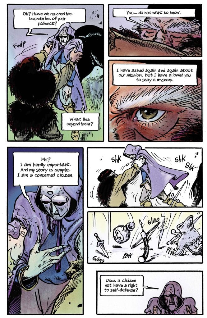 Comic panel depicting a conversation between two characters in a mystical setting, with one wearing a hooded cloak. The dialogue touches on themes of patience, mystery, and self-defense. The bottom panel highlights various weapons on the ground.