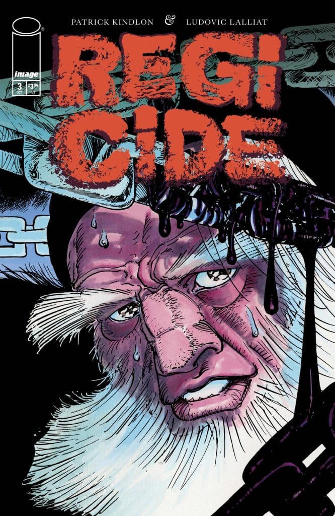Comic book cover featuring a close-up of an older man with a beard and furrowed brow, with beads of sweat on his face. The title 'REGI CIDE' is prominently displayed in bold, stylized letters. The artwork employs vibrant colors and dramatic shading.