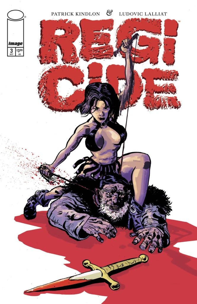 Comic book cover featuring a woman triumphantly standing over a defeated man in a dramatic pose, with blood on the ground and a sword nearby, titled 'REGI CIDE' by Patrick Kindlon and Ludovic Lalliart.