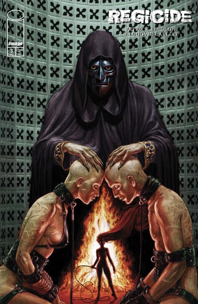 Cover art for the comic book 'Regicide' featuring a cloaked figure with a mask standing behind two bald individuals on their knees, with a fire in the background and a shadowy figure holding a whip.